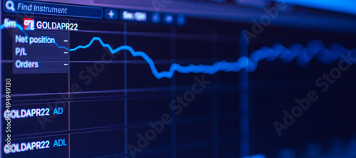 Stock market gold data.Online trading the charts and quotes on display.Display of Stock market quotes.Computer screen.Selective focus,banner.panoramic view.