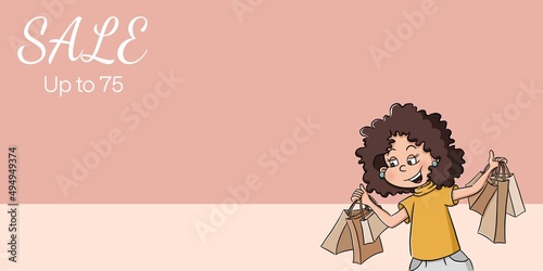 Woman with craft packages. Shopping  sale  offers  black friday. Ecology concept. Colourful banner with copy space. Mockup in cartoon style.