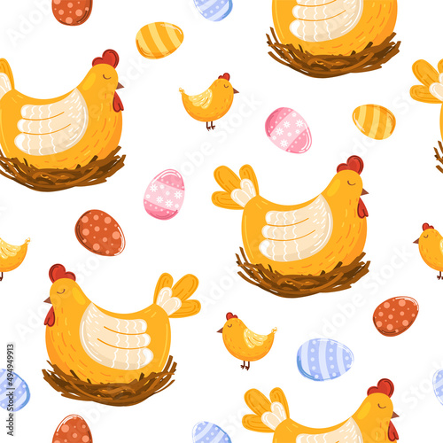 Hand drawn Easter seamless pattern with ester eggs,  chicken and chik. Spring background, wrapping paper, wallpaper, texture, digital paper. Vector illustration