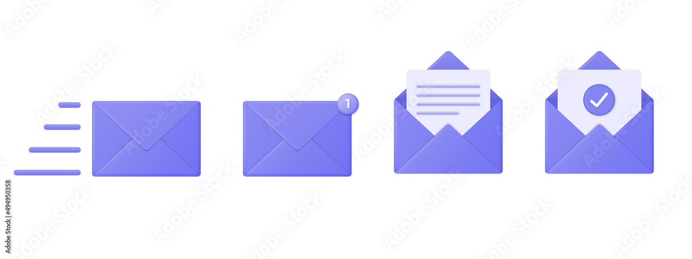 3d icons of a purple mail envelope with a new message marker. Email notification with a checkmark. 3d icons of a purple mail envelope with a new message marker. Email notification with a checkmark.