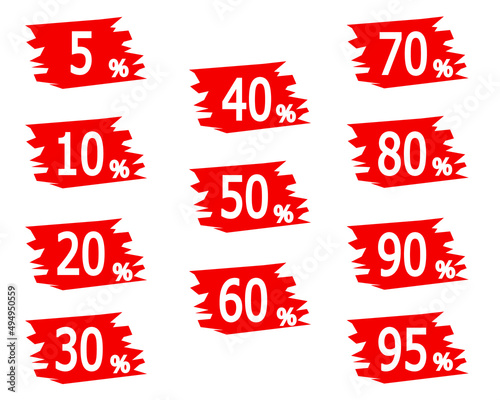 sales tags. discounts of 5, 10, 20, 30, 40, 50, 60, 70, 80, 90 and 95%. vector in red