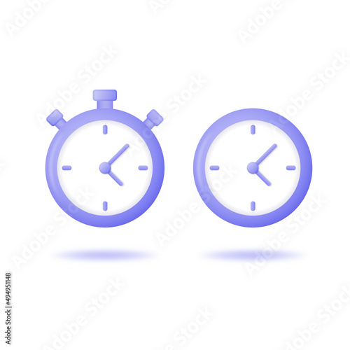 3d stopwatch and clock icon. Volumetric vector illustration isolated on a white background.