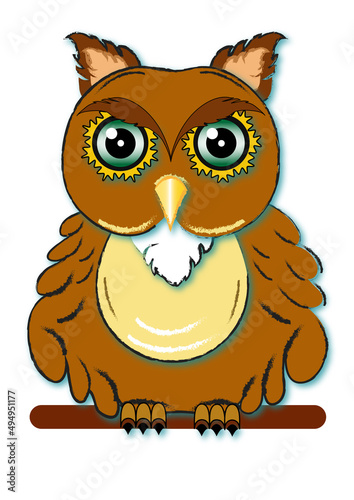 Brown owl, bird symbol of wisdom on a perch. White background. The image of an eagle owl is colorful, isolated and in vector and jpg format.