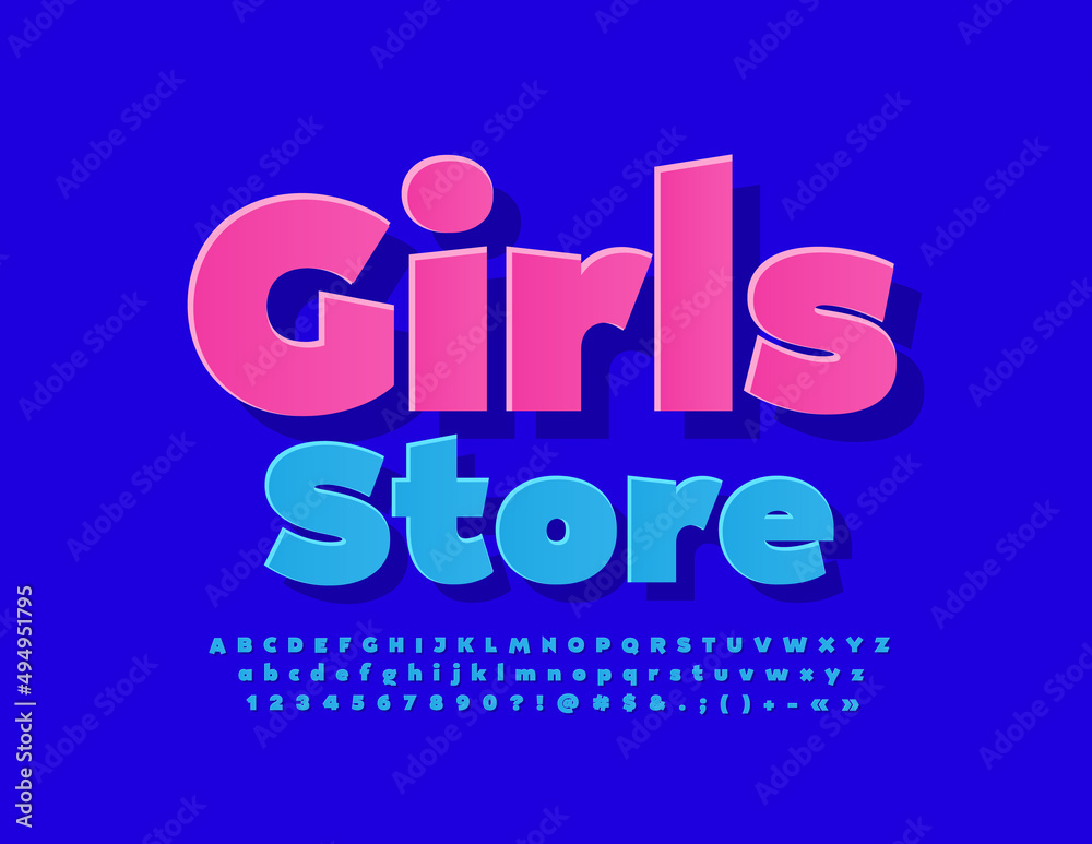 Vector colorful Emblem Girls Store. Blue sticker Font. Modern Alphabet Letters and Numbers