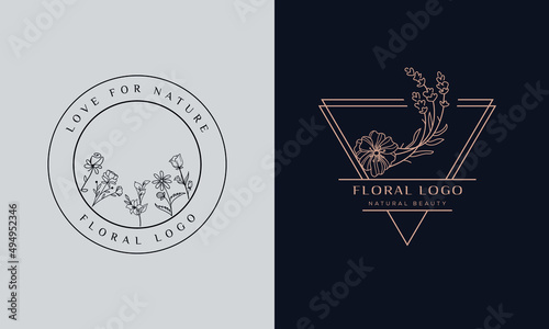 Set of Botanical Floral element Hand Drawn Logo with Wild Flower and Leaves. Logo for spa and beauty salon, boutique, organic shop, wedding, floral designer, interior, photography, cosmetic