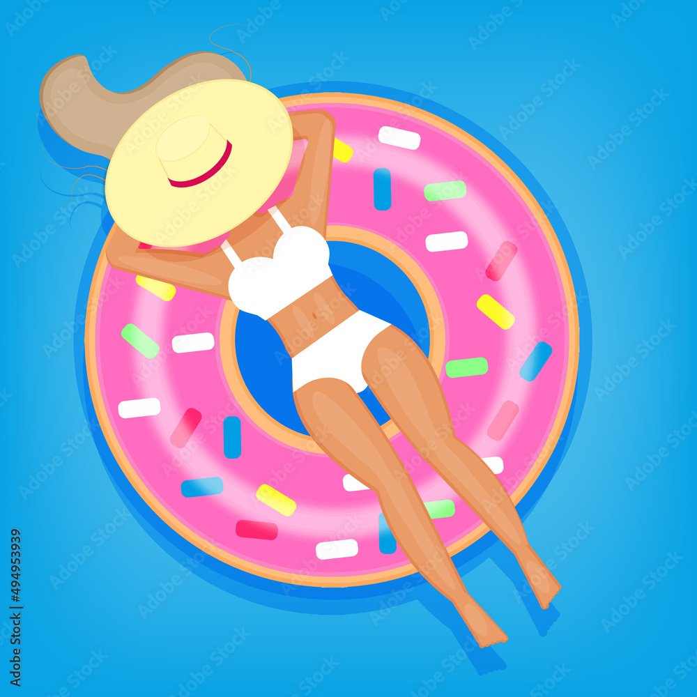 Spa vacation, Woman relaxing on an inflatable donut ring, a young girl in a hat swims in the pool, Summer travel and water recreation, print, or web. vector