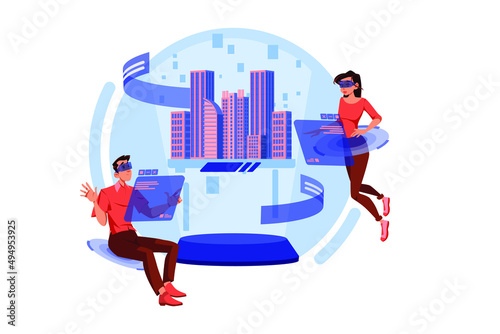 Couple working with 3D city model in the metaverse
