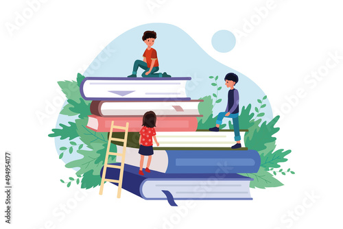Students walking on books stair illustration concept