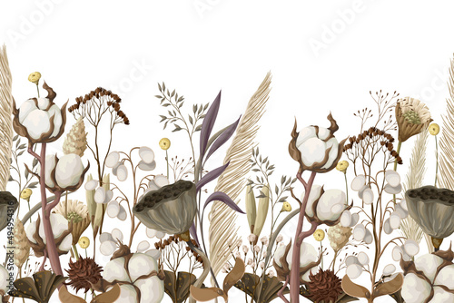 Border with dried autmn flowers. Vector.