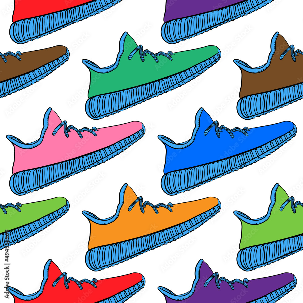Sport shoe. Casual fashion. Snickers. Gym. Equipment. Fitness routine. Active lifestyle. Digital illustration. Endless repeatable pattern. Seamless. High resolution. Vector EPS10 and IPG