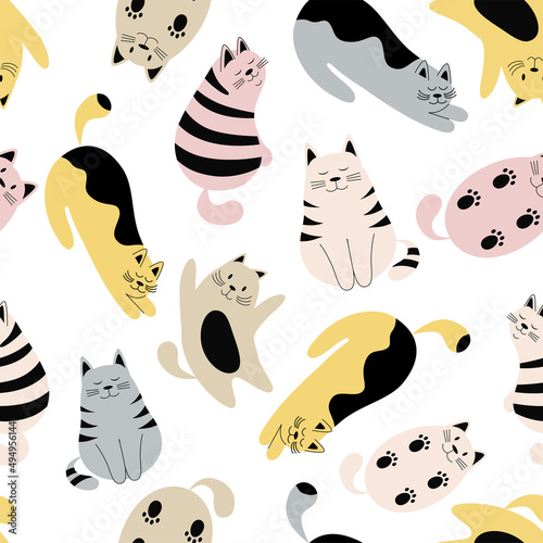 Cute vector pattern with funny cats in different poses.
