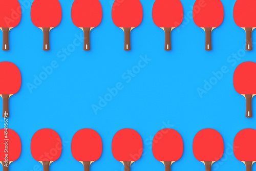Frame made of ping pong paddles on blue background. Game for leisure. Sport equipment. International competition. Table tennis. Top view. Copy space. 3d render