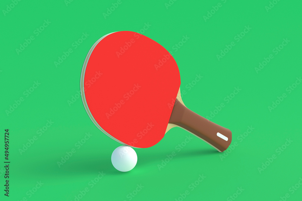Ping pong paddle with ball on green background. Game for leisure. Sport equipment. International competition. Table tennis. 3d render Ping pong paddle with ball on green background. Game for leisure. Sport equipment. International competition. Table tennis. 3d render