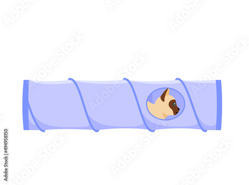 Cat tunnel. Cute siamese cat sits in collapsible toy tube. Hiding and resting place for indoor pet. Flat style vector 