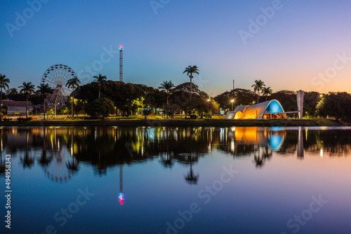 Sunset at the Pampulha lagoon, in Belo Horizonte, overlooking the Church of Sao Francisco de Assis and Guanabara Park. photo