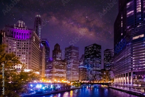 Chicago downtown and Chicago River at night  USA