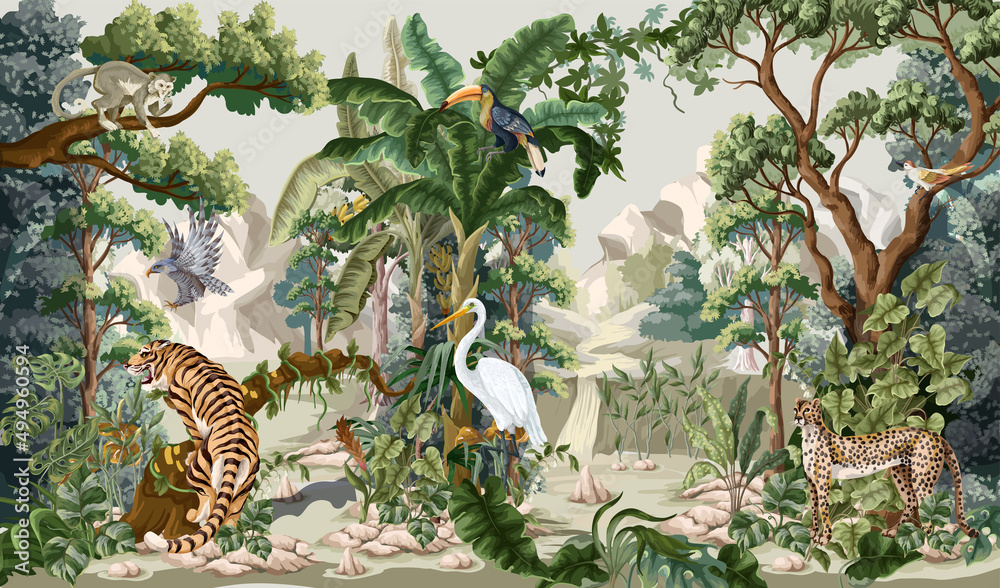 Jungle landscape with animals. Interior vector print. - obrazy, fototapety, plakaty 