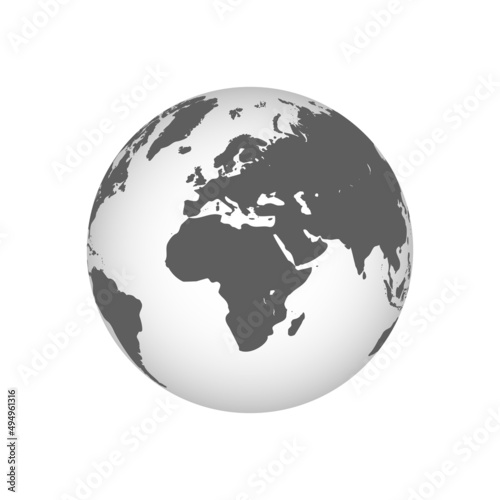 Earth globe icon. World map. Gray map template for website pattern. Vector illustration of Earth isolated on white background. Surface of continents. Simple design.
