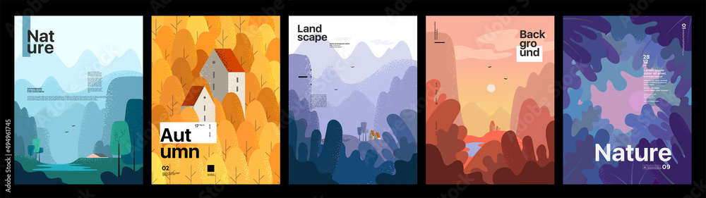 Nature and landscape. Set of vector illustrations. Pictures for posters ...
