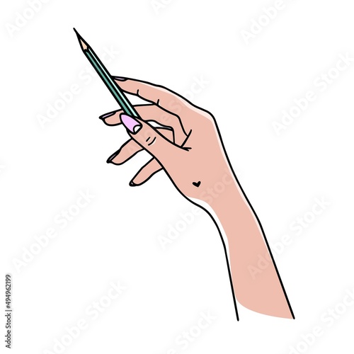 hand with pencil. The artist draws. Line art. Minimalistic style. Design element. Print for notebooks, notebooks, clothes, dishes, bags, t-shirts, cases, packaging. Vector illustration. Isolated.