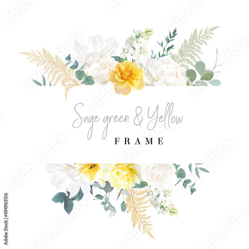 Yellow rose, peony, white lilac, tulip, spring garden flowers, mint eucalyptus, greenery, fern vector design frame