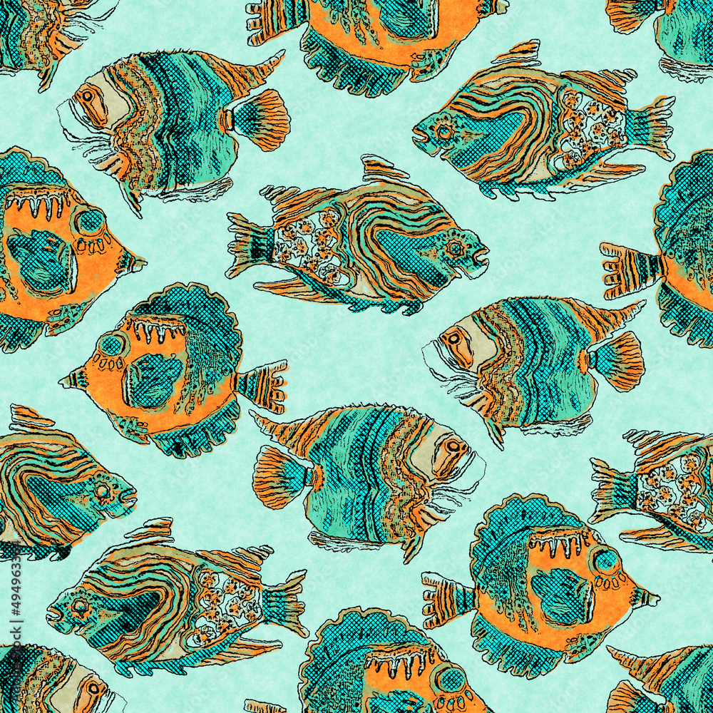Naklejka premium Coral teal shoal of fish linen wash nautical background. Summer coastal style fabric swatches. Under the sea life tropical fishes material. 2 tone green reef dyed textile seamless pattern.