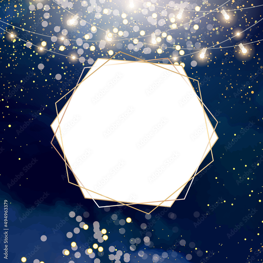 Magic night dark blue card with sparkling glitter bokeh and line art