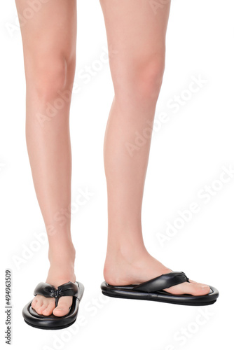 women shoes on legs on a white background