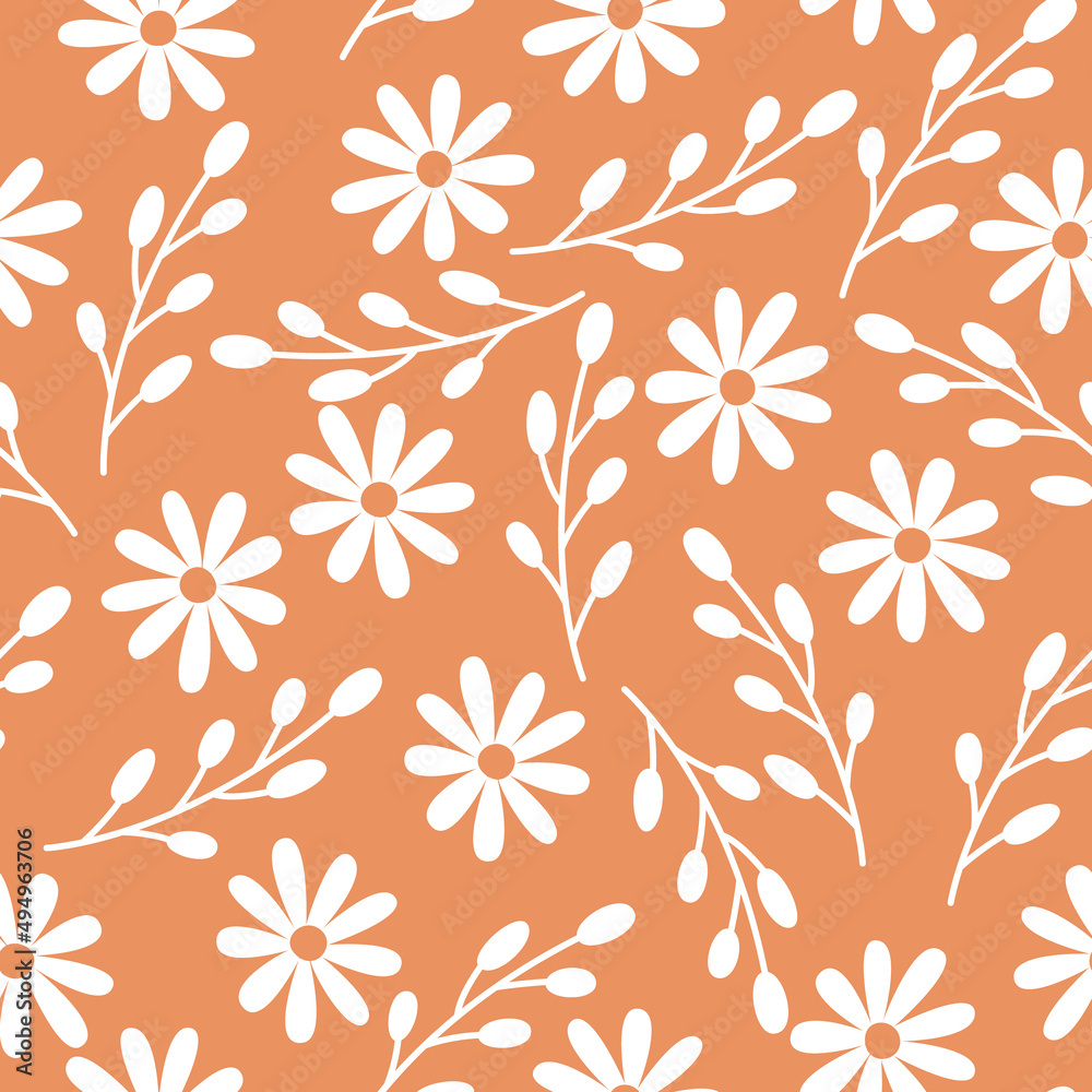 Seamless floral spring pattern. White flowers on an orange background. Vector print for fabric