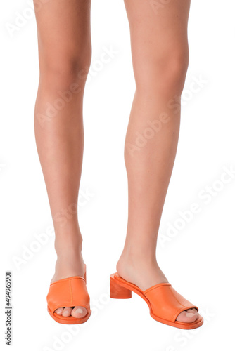 women shoes on legs on a white background