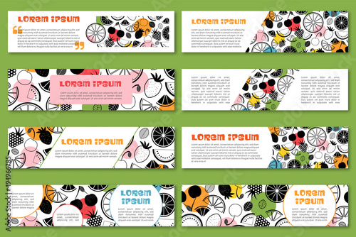 Vector banners of summer fruits with seamless pattern. Design for juices, ice cream, natural cosmetics, sweets and pastries with fruit filling, dessert menu, health products. With place for text.