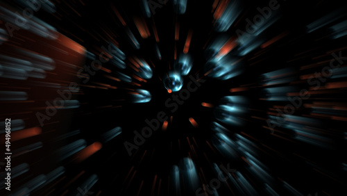 Futuristic flight of the Dagger rocket with great speed cutting space into particles. 3D. 4K. Isolated black background.