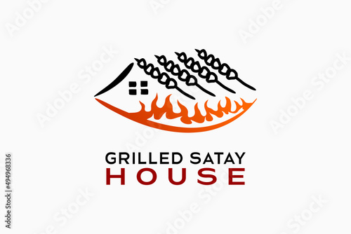 Grilled sate house logo design with a creative hand-drawn concept. Satay icon with fire icon in the shape of a house. Logo illustration for grilled meat restaurant