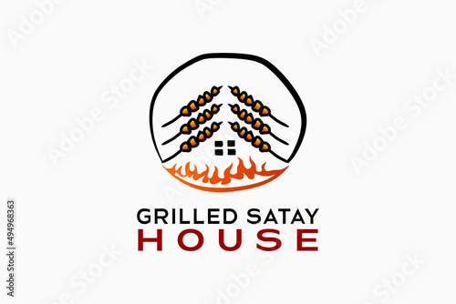 Grilled sate house logo design with a creative hand-drawn concept. The satay icon combines with the fire icon in the shape of a house in a circle. Logo illustration for grilled meat restaurant