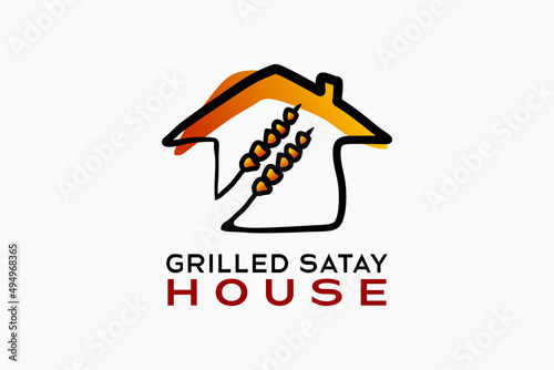 Grilled sate house logo design with a creative hand-drawn concept. The satay icon blends with the house icon. Logo illustration for grilled meat restaurant