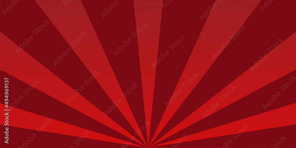 Red sunburst background. Retro background with sun beam. Comic rays. Red bright sunbeams. Light texture backdrop for japanese style. Summer pattern with shiny flare for poster and banner. 