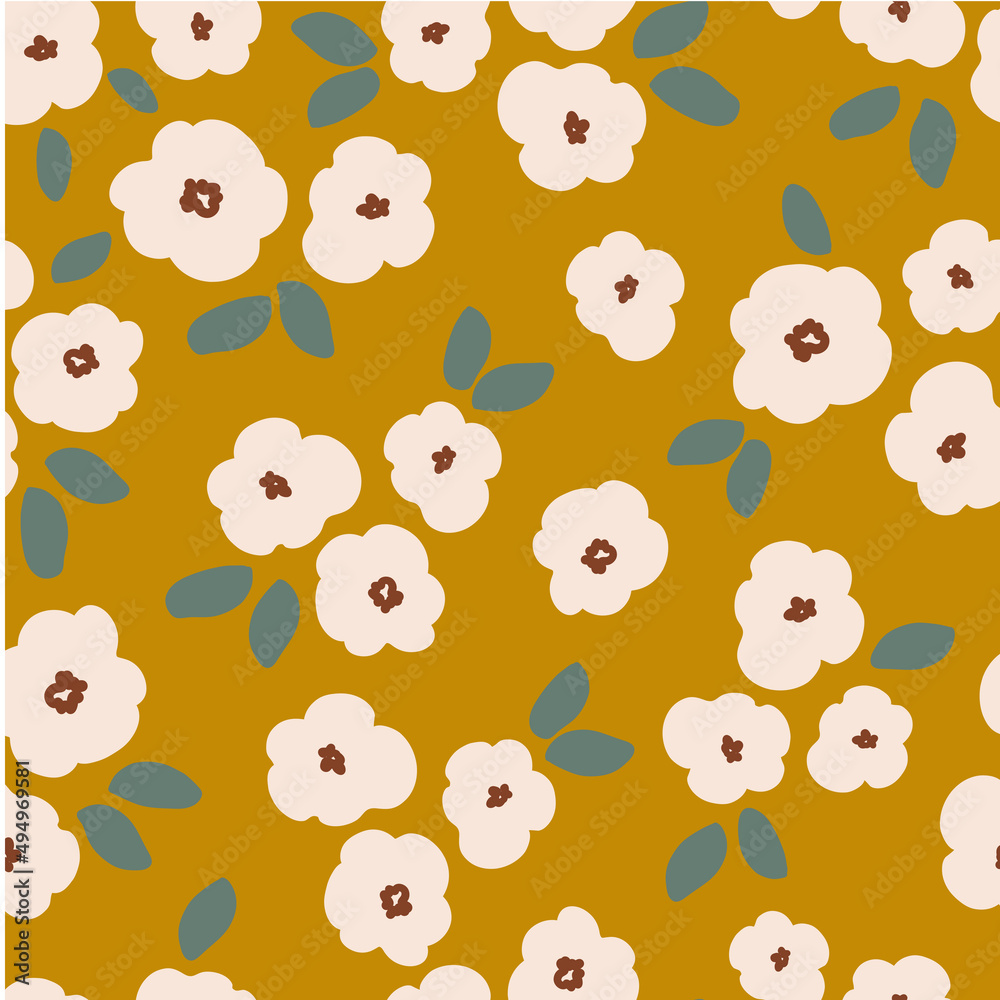 Simple flower and leaves seamless pattern, digital repeating background for fabric, textile, scrapbook paper, stationery, surface design, wallpaper.