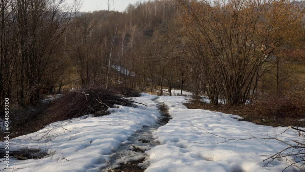 A path in the snow, mountainous terrain. A path in the snow, mountainous terrain.