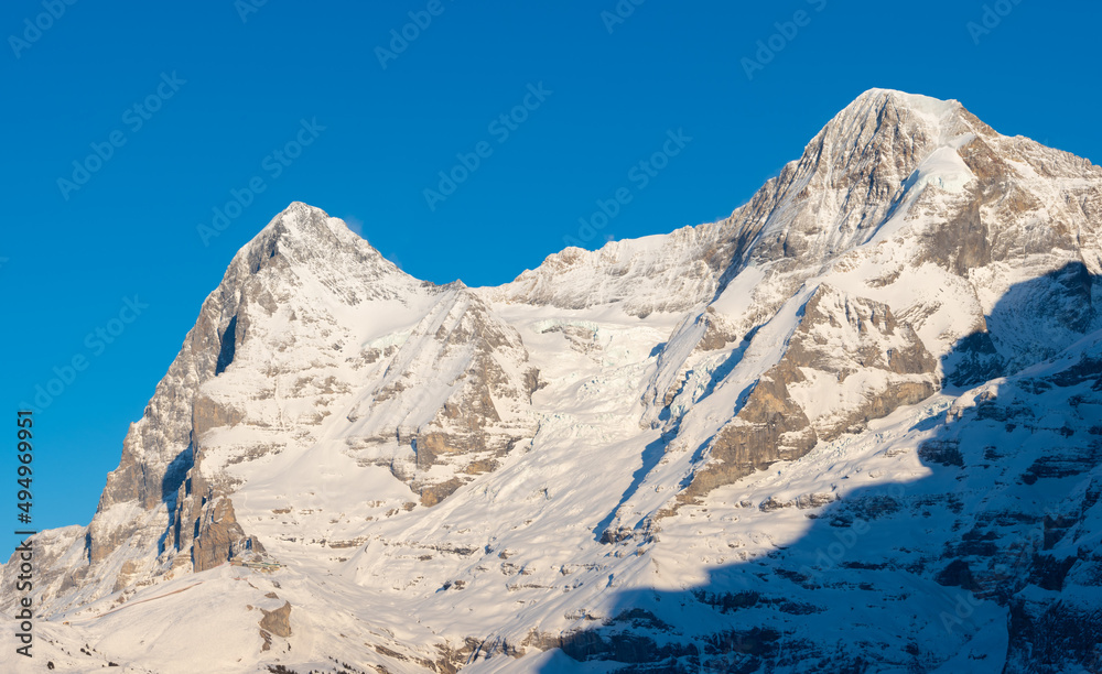 View from Muerren ski arena, Switzerland, towards the famous mountains Eiger and Moench