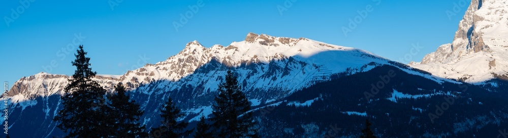 Late afternoon panorama from Muerren, Switzerland, towards the mountain ridge of Maennlichen
