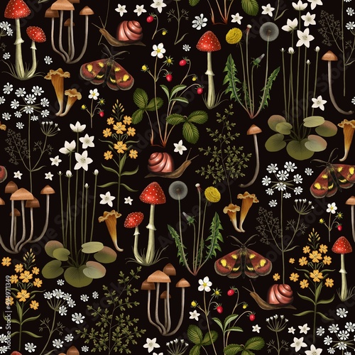 Fairy forest seamless pattern.  Flowers and mushrooms on a black background. Stock illustration.