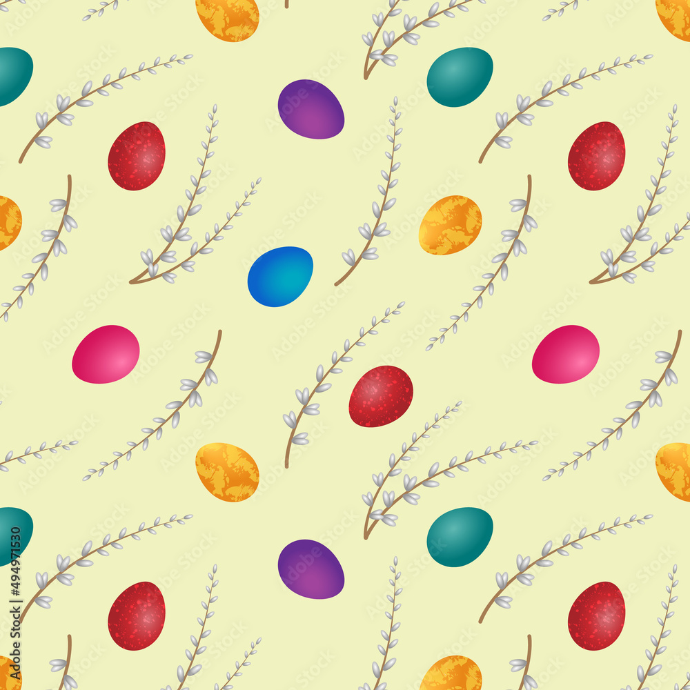 Fototapeta premium Easter eggs and willow twigs vector seamless pattern. Background with decorative eggs for textiles or packaging. Traditional Easter ornament.