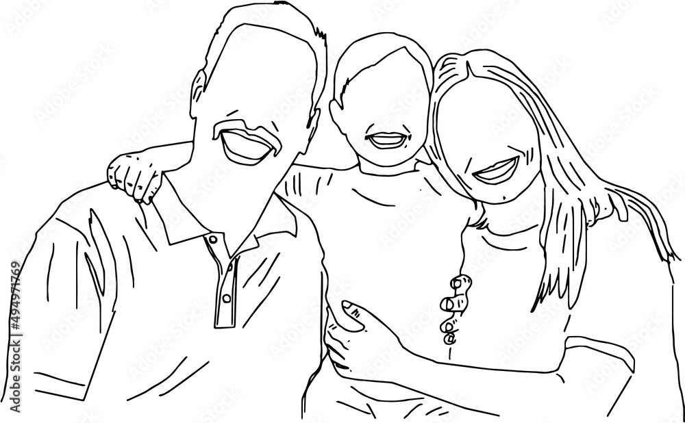 line art illustration silhouette of happy family, outline sketch ...