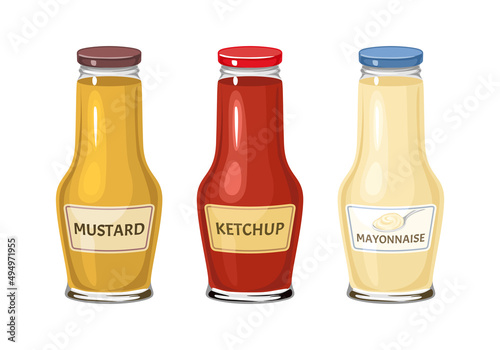 Set of sauces in glass bottles. Vector illustration of mayonnaise, ketchup and mustard in cartoon flat style.