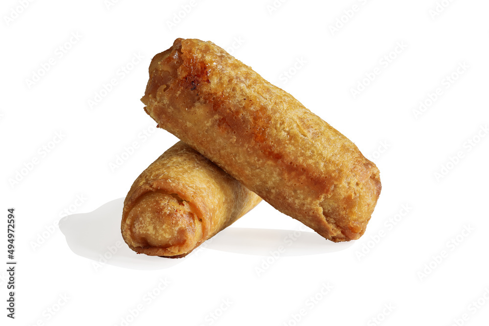 Two Egg rolls stacked together and isolated over a white background with light shadow. Clipping path included. Two Egg rolls stacked together and isolated over a white background with light shadow. Clipping path included.