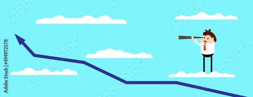 Businessman Exploring Future Possibilities in the Sky with a Telescope. Sales Graph Rising toward the Clouds