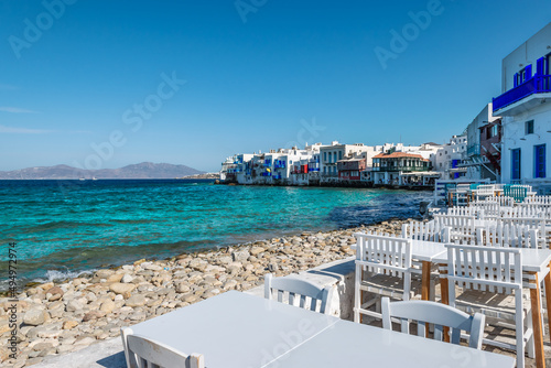 Mykonos  Greece. Tables and chairs by the waterfront in Little Venice  Mykonos Island.