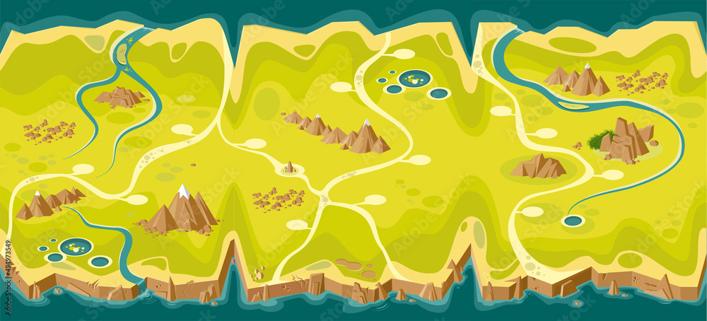 River and mountains top view landscape  aerial map. Game path.  Map passing levels. Looped scheme 