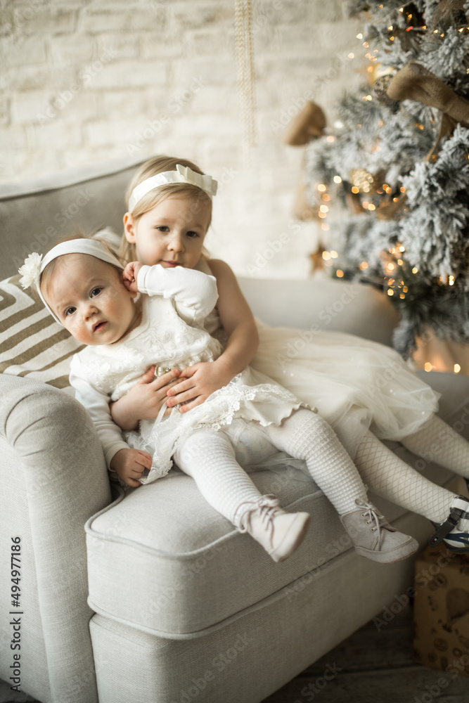 two beautiful sisters sit on an armchair in an embrace in holiday christmas