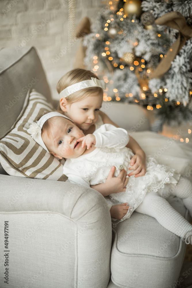 two beautiful sisters sit on an armchair in an embrace in holiday christmas